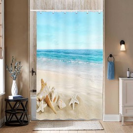 JAWO Beach Shower Curtain, Blue Shower Stall Curtains for Bathroom, Tropical Ocean Waves Seashell Starfish Scene Small Shower Curtain Bathroom Decor, 36x72 Inches