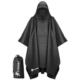 PTEROMY Hooded Rain Poncho for Adult with Pocket, Waterproof Lightweight Unisex Raincoat for Hiking Camping Emergency (Black)