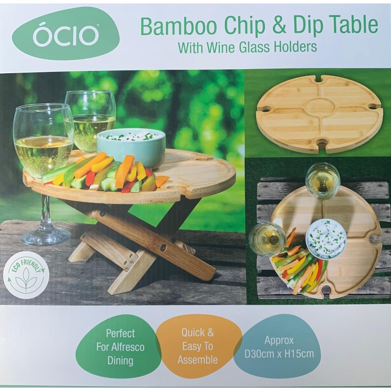 Summit BAMBOO FOLDING CHIP N DIP TABLE W/WINE GL HOLDERS,