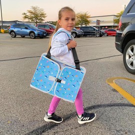 MENZOKE Kids Travel Tray, Car Seat Tray for Kids Travel, Toddler Essentials Girls with Tablet Holder, Road Trip Essentials with Cooler Cup Holder, Dry Erase Board & Storage Pocket for Airplane, Blue