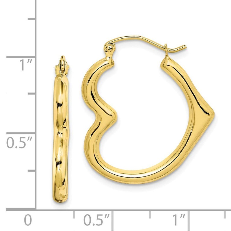 10K Yellow Gold Heart Hoop Earrings Medium Size Polished Love