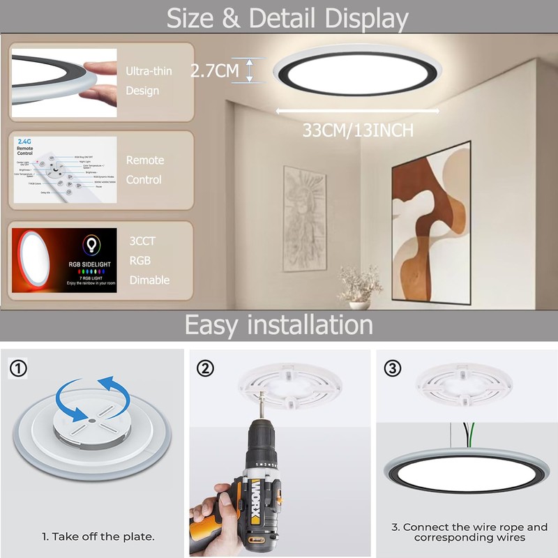 2Pack 13Inch Magic RGB Flush Mount Led Ceiling Light,34W 3400LM