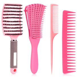 Juego de Cepillos para Desenredar el Cabello,4 Cepillos para Cabello Rizado  Peine Curvo Cepillo, Cepillo de Peinado,Peine de Dientes Anchos y...     