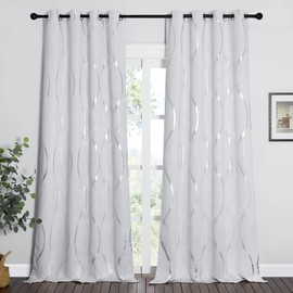 NICETOWN Room Darkening Curtain Panels - Home Fashion Foil Printed Wave Lines Thermal Insulated Room Darkening Curtains for Bedroom/Nursery (1 Pair, 52 inches W x 95 inches, Greyish White)
