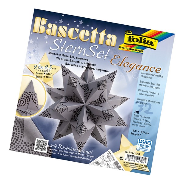 Folia Bascetta Star, Elegance Craft Set - Wildlife Black - 32 Sheets - 9.5 x 9.5 cm - Finished Size of the Paper Star Approx. 15 cm - Detailed Instructions (may not be in English) - 211/1010, 15 cm