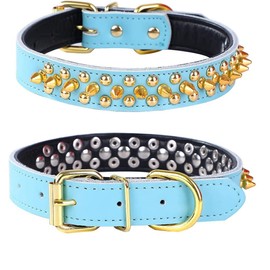 Bbmmayy Spiked Studded Dog Collar, Soft Genuine Leather Dog Collar, Adjustable Dog Collars for Small Medium Large Dogs Breeds Pit Bull (M fit Neck 11.5-15", Light Blue)