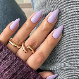 SXVME Light Purple Press On Nails Almond - Acrylic Press On Nails Medium Stiletto, Opaque Solid Lavender Fake Nails with Glue, Fit Perfectly, Reusable Soft Gel Stick on Nails for Women, 24 Pcs