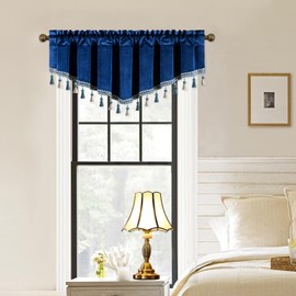 VOGOL Royal Blue Vintage Style Valance, Light Filtering Thick Fabric Solid Window Treatment for Book Room, Luxury Retro Velvet Swag Valances with Beaded Tassels, 1 Panel, 52 x 18