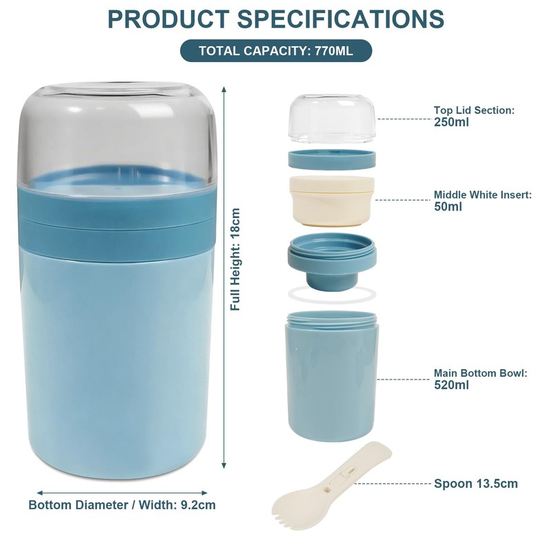 AiQInu Contenitore per Cereali Portatile con Cucchiaio e Salsiera, Vaso