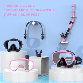 EMSINA Dry Snorkel Set,Panoramic Wide View,Anti-Fog Scuba Diving Mask,Professional Snorkeling Gear(2Set Pink Black)