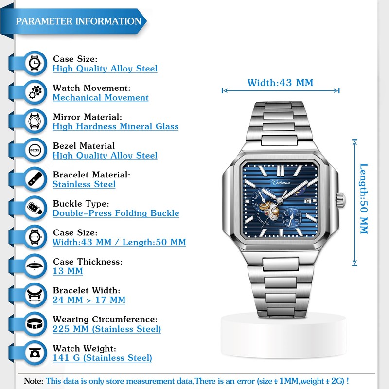 Men's Watch Automatic Mechanical Wristwatches for Men Fashion Square Design