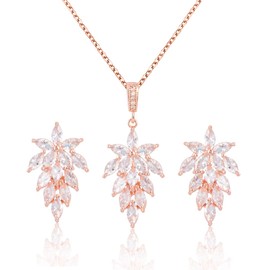 Mycitta Cubic Zirconia Bridal Jewelry Set Rose Gold Sterling Silver Crystal CZ Rhinestone Floral Leaf Cluster Wedding Party Prom Necklace Set Fashion Costume Jewelry for Women Bride Bridesmaids Gift