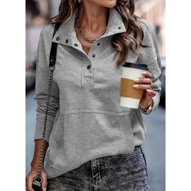 SHEWIN Womens Sweatshirt Casual Long Sleeve Lightweight Sweatshirts Loose Button V Neck Pullover Tops Fall Clothes for Women 2025,US 12-14(L),Grey