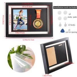 Hacaroa Medal Display Shadow Box, Single Medal and Photo Display Frame Case, Wood Marathon Medal Storage Box for Runners, All Sports Winners, Military Awards, Black