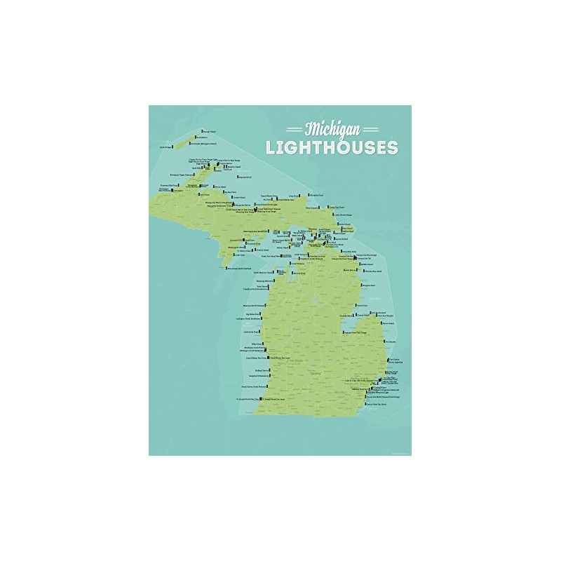 Best Maps Ever Michigan Lighthouses Checklist 18x24 Poster (Green &