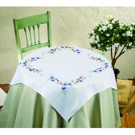 DECO-LINE Blue Pansy Printed Tablecloth Embroidery KIT, White, 80 X 80 cm