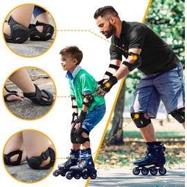 Monbessi Children's & Adults Knee Pad Set, 2 Knee Pads, 2 Elbow Pads, 2 Wrist Guards, Children's Inline Pads Set for Rollerblading, Skating, Skateboard, Cycling (Black, L)