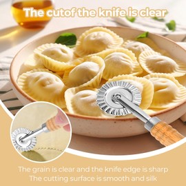 ShanBye Nudelschneider-Rad mit Holzgriff Gezähnter Teigrad Ravioli-Stempelmacher Presse Pizzaschneider Professionelles Pizza-Gebäck-Werkzeug mit geriffeltem Rand für Privat- und Restaurantküchen