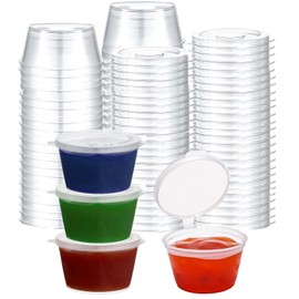 WXOIEOD 50 Sets 1 2/3 oz Round Shaped Jello Shot Cups with Lids, Small Condiment Containers, Disposable Portion Cups, Plastic Souffle Cup, Mini Sample Tasting Dipping Sauce Cup To Go Bowls, Clear