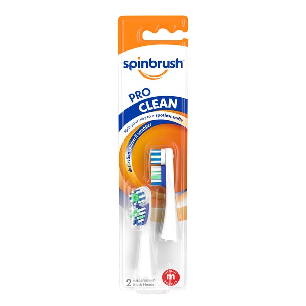 Spinbrush Pro Clean Replacement Heads, Medium Bristles, For Battery Toothbrush, 2-Pack