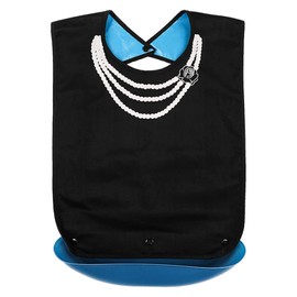 EQLEF Bib with Crumb Tray, Washable Waterproof Foldable Apron Clothing Protector Faux Print Bib for Women Elderly Patients with Crumb Catcher, Black+blue