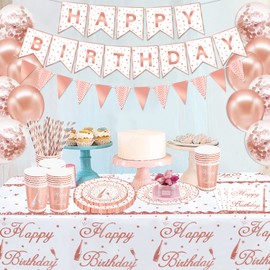 120 Pack Rose Gold Party Supplies Rose Gold & White Party Decorations Girls Birthday Decorations Tableware Set Rose Gold Birthday Plates, Napkins, Birthday Banner, Tablecloth Served 20