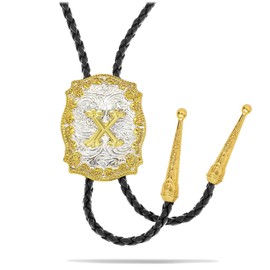 Yjfeshion Western Bolo Tie Shiny Golden Initial Letter ABJR to XYZ Cowboy Necktie Handmade Leather Bola Tie for Men Women X