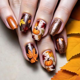 Vopintpy Fall Press on Nails Short Square Maple Leaf Fake Nails Thanksgiving Pumpkin Acrylic Nail with Glitter Design Glossy Autumn Maple Leaves Glue on Nail for Women DIY Manicure