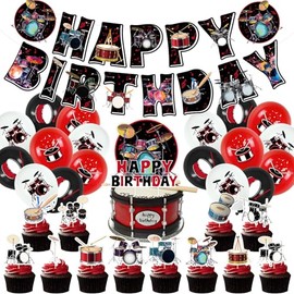 Doyomtoy Drum Party Supplies Music, Rock Music Ball Theme Party Pack of 32 Music Party Includes Birthday Banner Cupcake Toppers Balloons for Rock DJ Theme Birthday Party Baby Shower Decoration