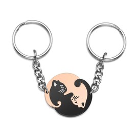 Jovivi Pair of Yin Yang Cat Puzzle Pendant Love Keyring Partner Friendship Gifts., Stainless Steel, Black/rose gold