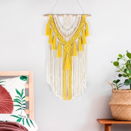 MEUNEAR Macrame Wall Hanging Boho Chic Handmade Woven Tapestry Yellow Tassels Wall Art for Living Room Bedroom Apartment Dorm Nursery Office Modern Minimalist Home Wall Decor,29.9L X 15.7W inches