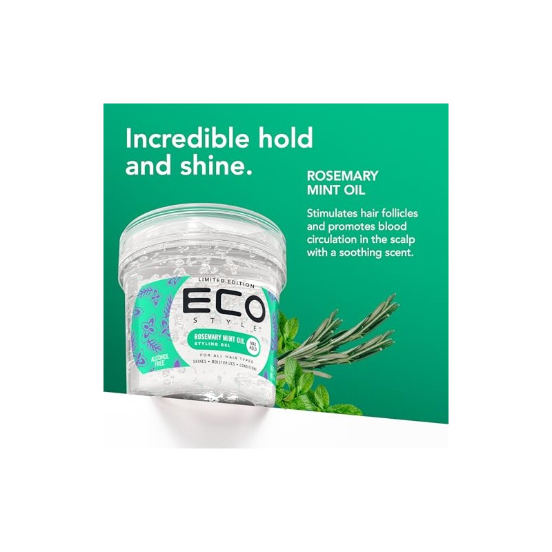 Eco Style Rosemary Mint Hair Gel, Alcohol Free, Vegan, 473