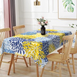 TTQYFNM 60x102inches Navy Blue Yellow Flowers Tablecloth Abstract Dahlia Floral Rectangle Table Cloth Modern Geometric Polyester Table Cover for Dining Room Kitchen Home Decor Banquet Party Supplies