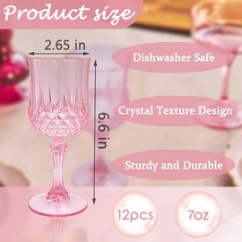LEYIQU Pink Plastic Wine Glasses，Pink Plastic Goblets for Parties，Pink Drinking Glasses for Wedding Reception, Grand Event Party Supplies (12, Pink)