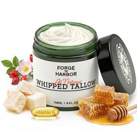 Tallow & Manuka Honey Balm | No comedogénico, alivia el eccema, queratosis pilaris (KP), rosácea | Crema facial y corporal batida alimentada con pasto para pieles sensibles, secas o ásperas | Tarro de vidrio de 4 onzas