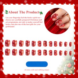 Christmas False Nials Short, Christmas Press on Nail, Glitter Red Snowflkes Stick on Nails for Women, Acrylic Ballerina False Nails with Double-side Glue for Women Girls Nail Art Accessories A9HXHMJ