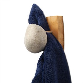 Sea Stones Coast Hook - Coat Hook - Hand Selected, Natural Stone Wall Hook with Elegant Wooden Backplate - Hang Your Coats, Towels, Robes & More with Both Indoors & Outdoor Uses (1 Pack, Cherry)