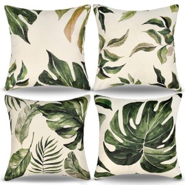 Set of 4 Waterproof Cushion Covers 45 x 45 cm Tropical Palm Green Leaves Pattern Cushion Cover Modern Summer Home Decorative Outdoor Cushion Cover for Couch Sofa Bed Car Bedroom Living Room (A)
