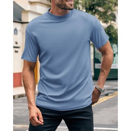Wihion Men Turtleneck Mock Neck T Shirts Short Sleeve Ribbed High Neck Undershirt Thermal Tops Blue