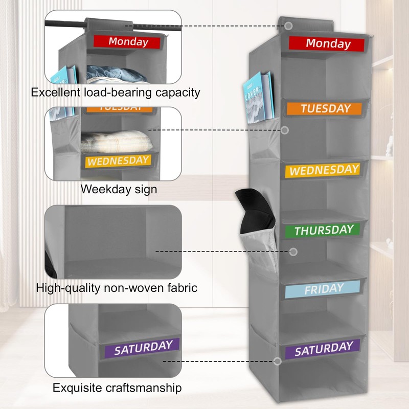 Yuuchoringee 6-Shelf Weekly Clothes Organizer for Kids Days of The