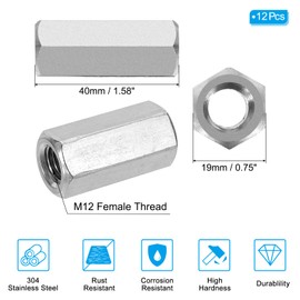 PATIKIL M12x1.75mm Stainless Steel Hex Coupling Nuts,12pcs 40mm(1.58") Long Coarse Fully Threaded Rod Coupling Nut Studding Connector Fasteners