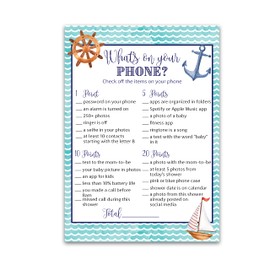 NAUTICAL Baby Shower Games — WHAT'S ON YOUR PHONE — Pack of 25, Rustic Navy Blue Anchor, Ahoy BOY Baby Shower Game, Sail Boat Fun Game Gender Neutral Nautical Theme Shower Activity G807-PHN