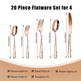 20-Piece Silverware Set, Rose Gold Stainless Steel Flatware Sets for 4,Mirror Polished Cutlery Utensil Set Unique Floral Pattern Tableware Cutlery Set for Kitchen