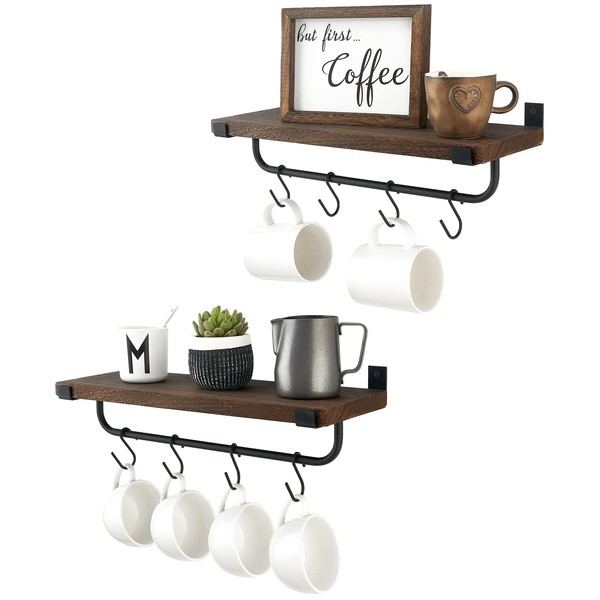Mkono Mug Holder Wall Mounted Coffee Mug Rack Set of 2 Rustic Floating Shelf for Coffee Bar Accessories Wood Tea Cup Hooks Hanger for Organizing Cooking Utensils, Home Kitchen Decor, Brown
