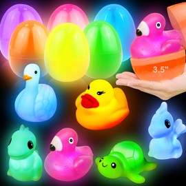 6 Pack 3.5" Large Easter Eggs Filled with Light Up Animal Floating Bath Toys, Plastic Easter Eggs with Dinosaur, Duck Toys Inside for Kids Toddlers Easter Basket Stuffers Fillers Gift Party Favors