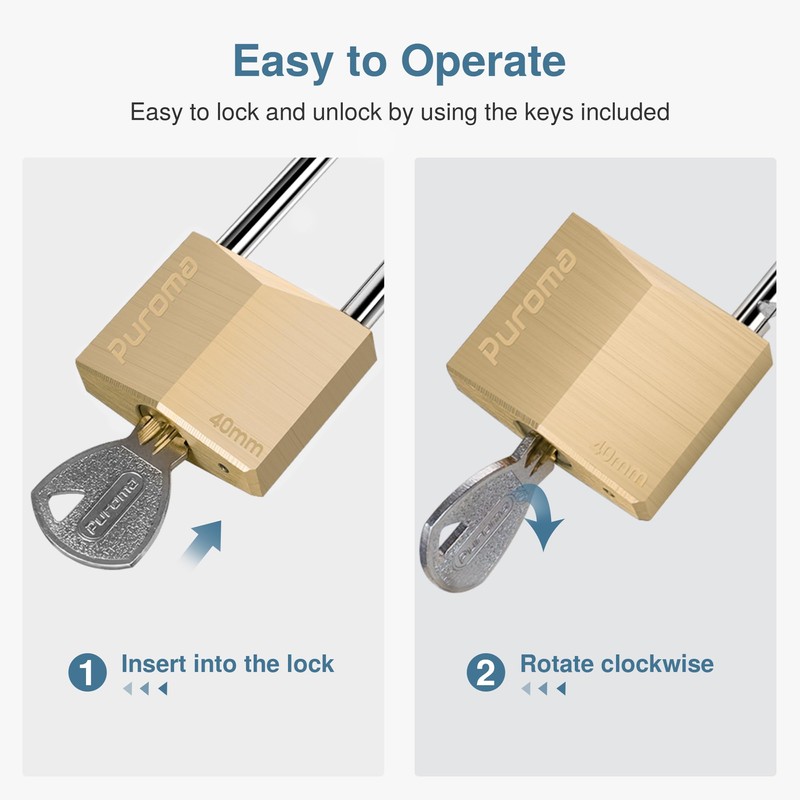 Puroma 2 Pack Keyed Padlock Waterproof Solid Brass Lock, 1.1