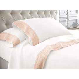 Amrapur Overseas 4-Piece Crochet Lace Microfiber Sheet Set, Queen, White/Blush