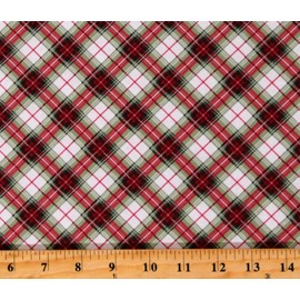 Cotton Diagonal Plaid Red Green White and Metallic Silver Plaid Winter Christmas Cotton Fabric Print by The Yard (D400.38)