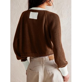 Women's Cropped Cardigan Sweaters Fall Long Sleeve Open Front Cardigans Button Down Color Block Crewneck Knit Outwear Coats Brown