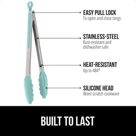 Gorilla Grip Stainless Steel Heat Resistant BBQ Kitchen Tongs Set of 2, Non Scratch Silicone Tip for Nonstick Cooking Pans, Strong Grip for Grabbing Hot Food, Air fryer, Pull Lock, 9 and 12 Inch, Mint
